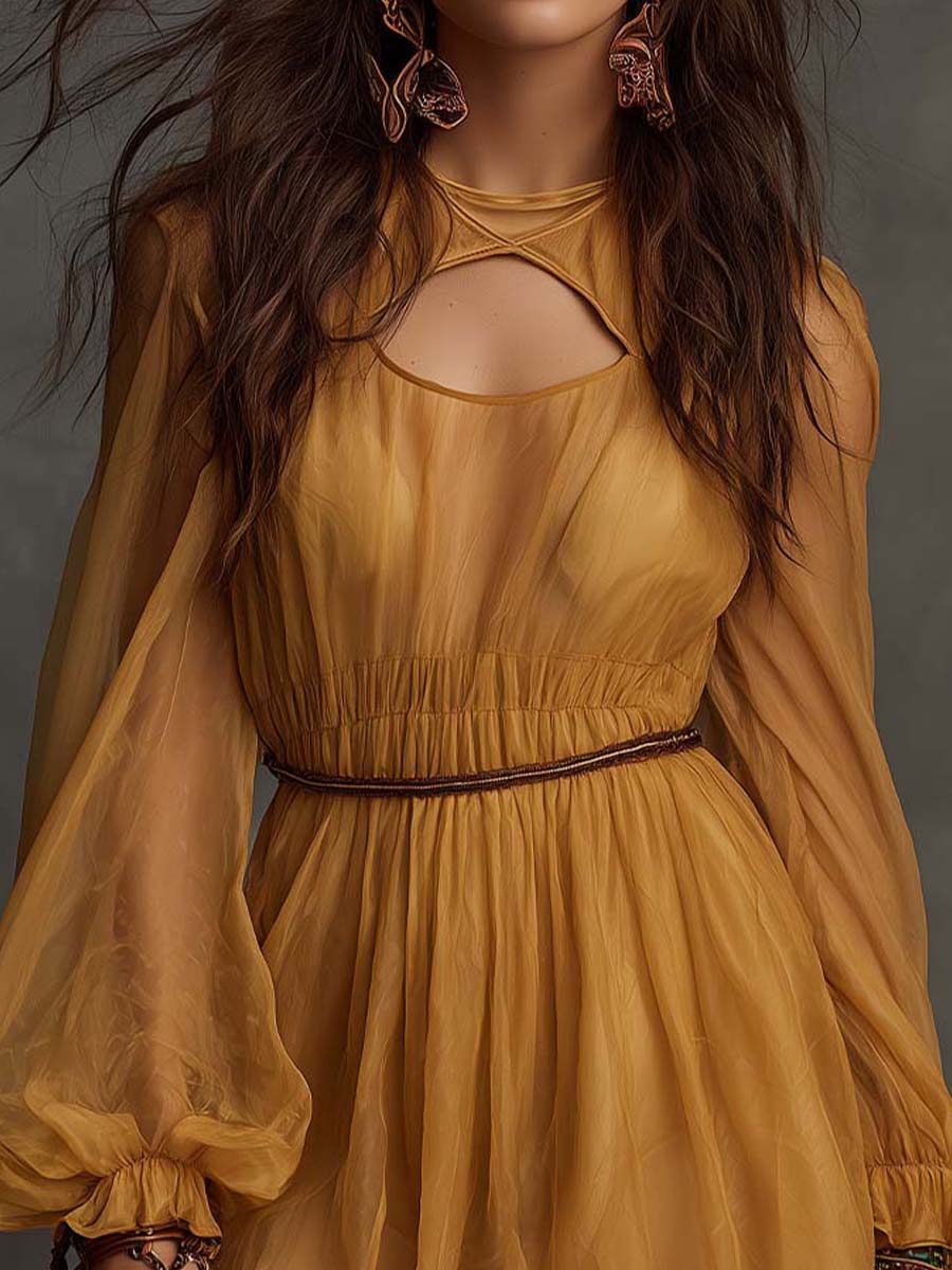 Sheer Chiffon Cutout Balloon-Sleeve Mini Dress