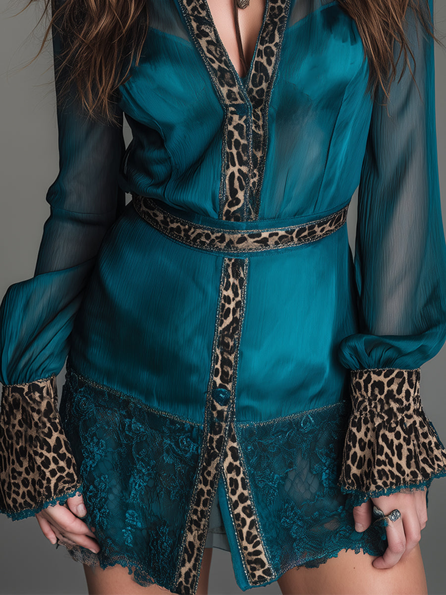 Elegant Chiffon Short Dress With Leopard Print Trim