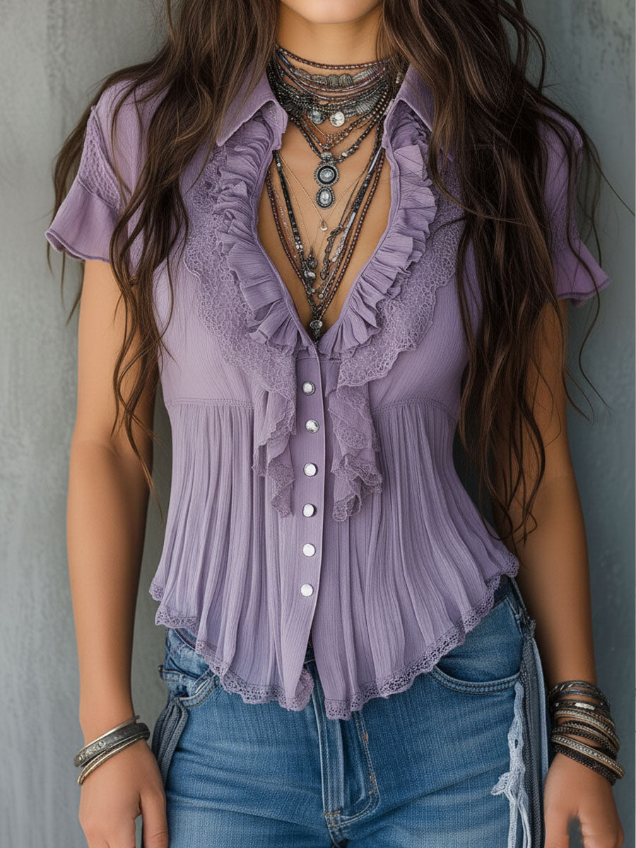 Vintage Boho Lavender Pleated Ruffled Lace Blouse