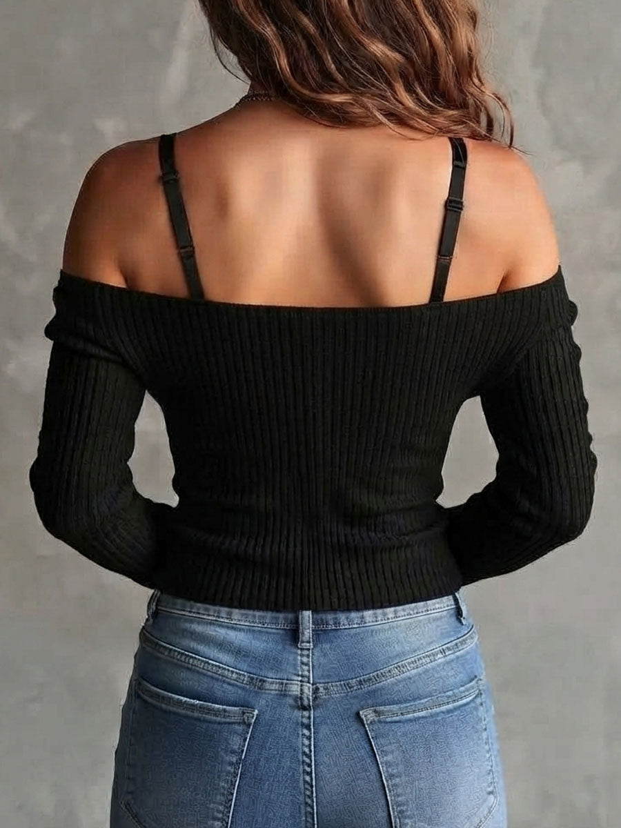 Boho Off Shoulder Ribbed Knit Sweater With Lace Trim
