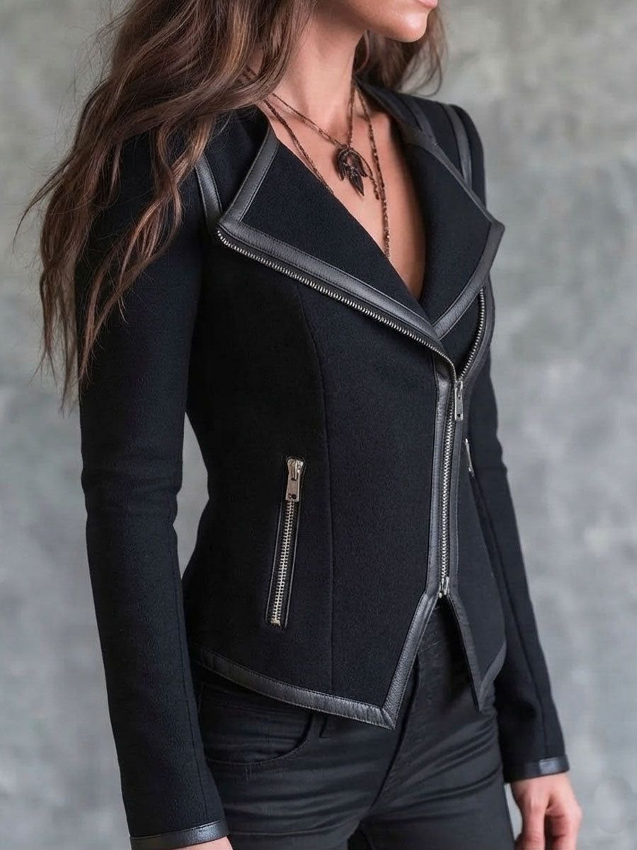 Vintage Woolen Leather Edge Trim Zip Up Moto Jacket
