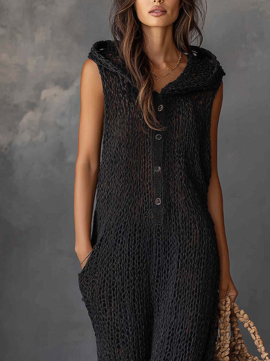 Retro Hooded Button-up Knitted Jumpsuit