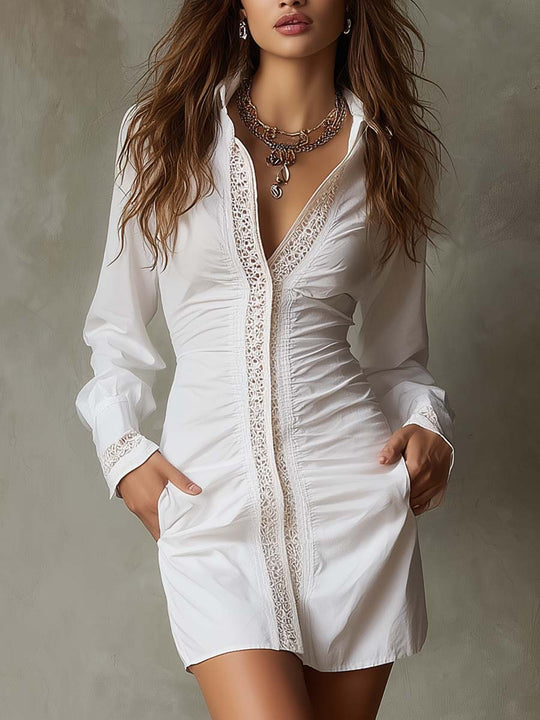 Retro Lace Placket Long-sleeved Mini Dress