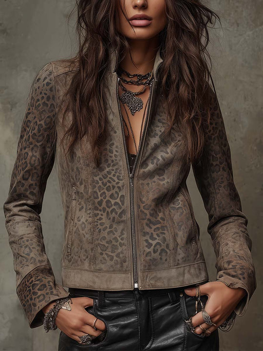 Vintage Leopard-Print Eco-Suede Jacket