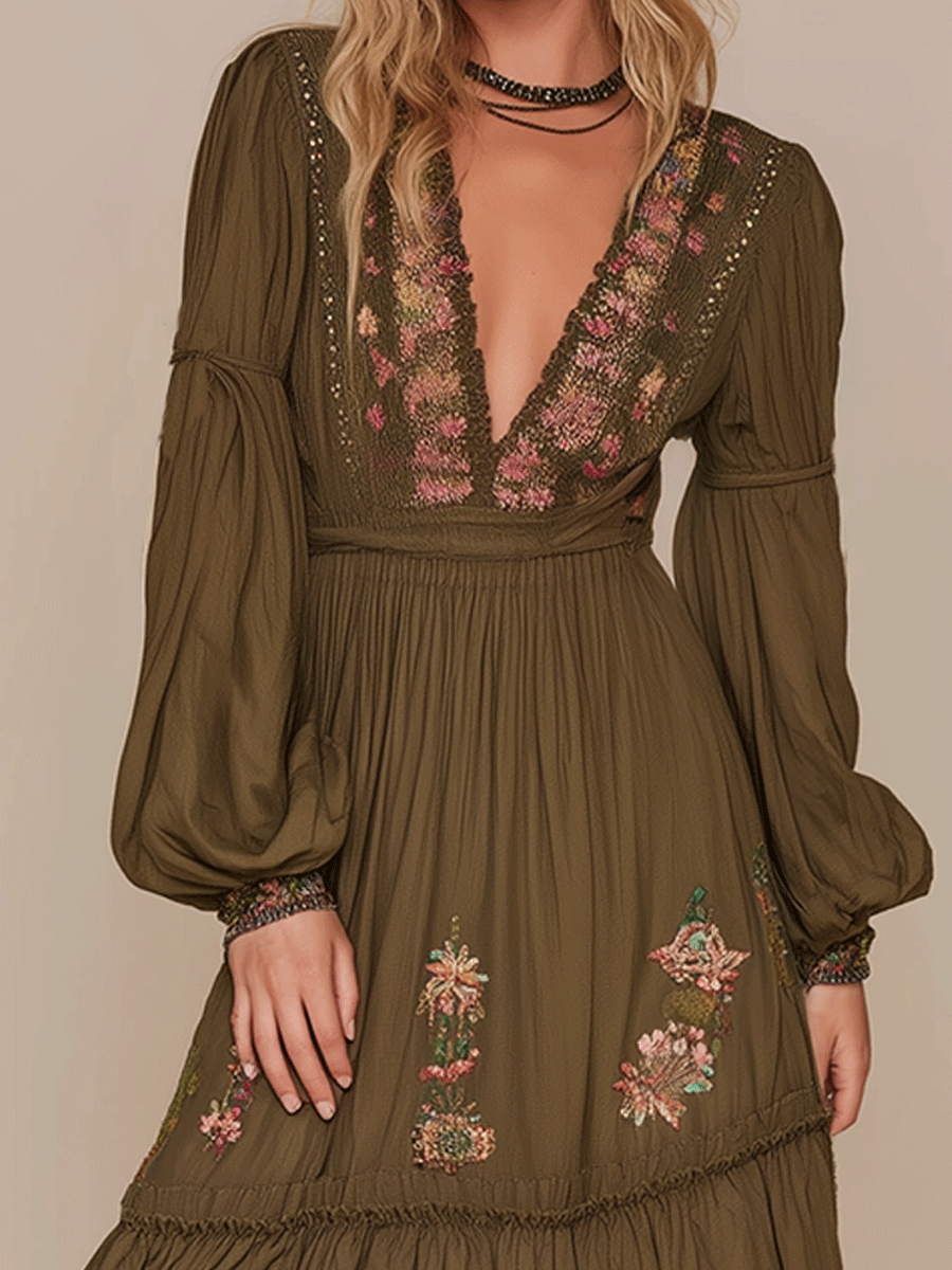 Elegance Floral Romance Olive Boho Maxi Dress