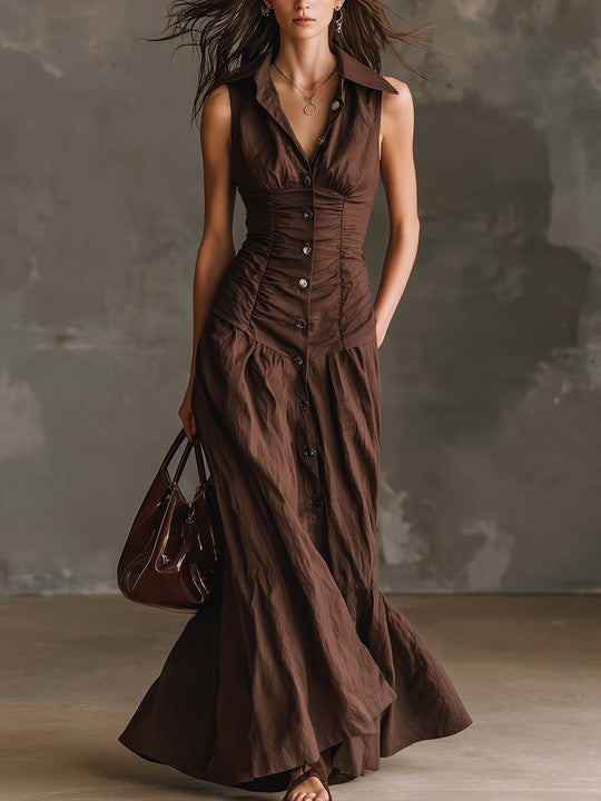 Retro Ruched Waist Cotton And Linen Maxi Dress