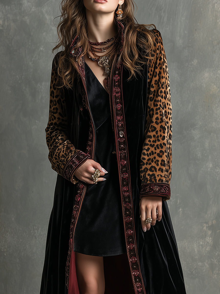 Quiet Luxury Leopard Print Polyester Velvet Splicing Mid-length Coat