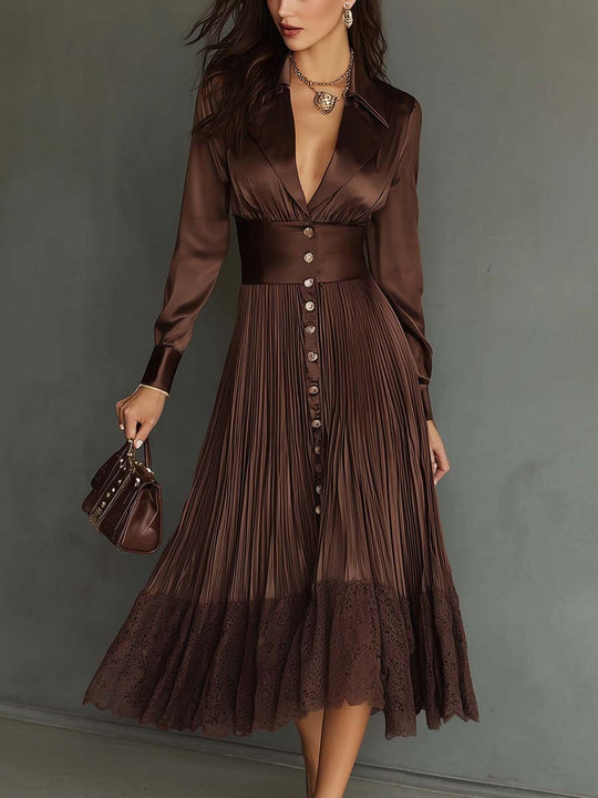 Vintage Peaked Lapel Pleated Polyester Satin Midi Dress