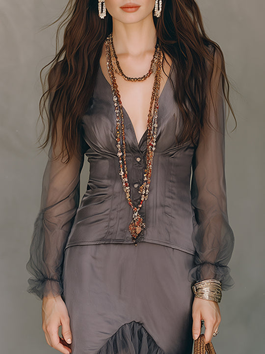 Retro Ruffled Mesh Patchwork Long Skirt