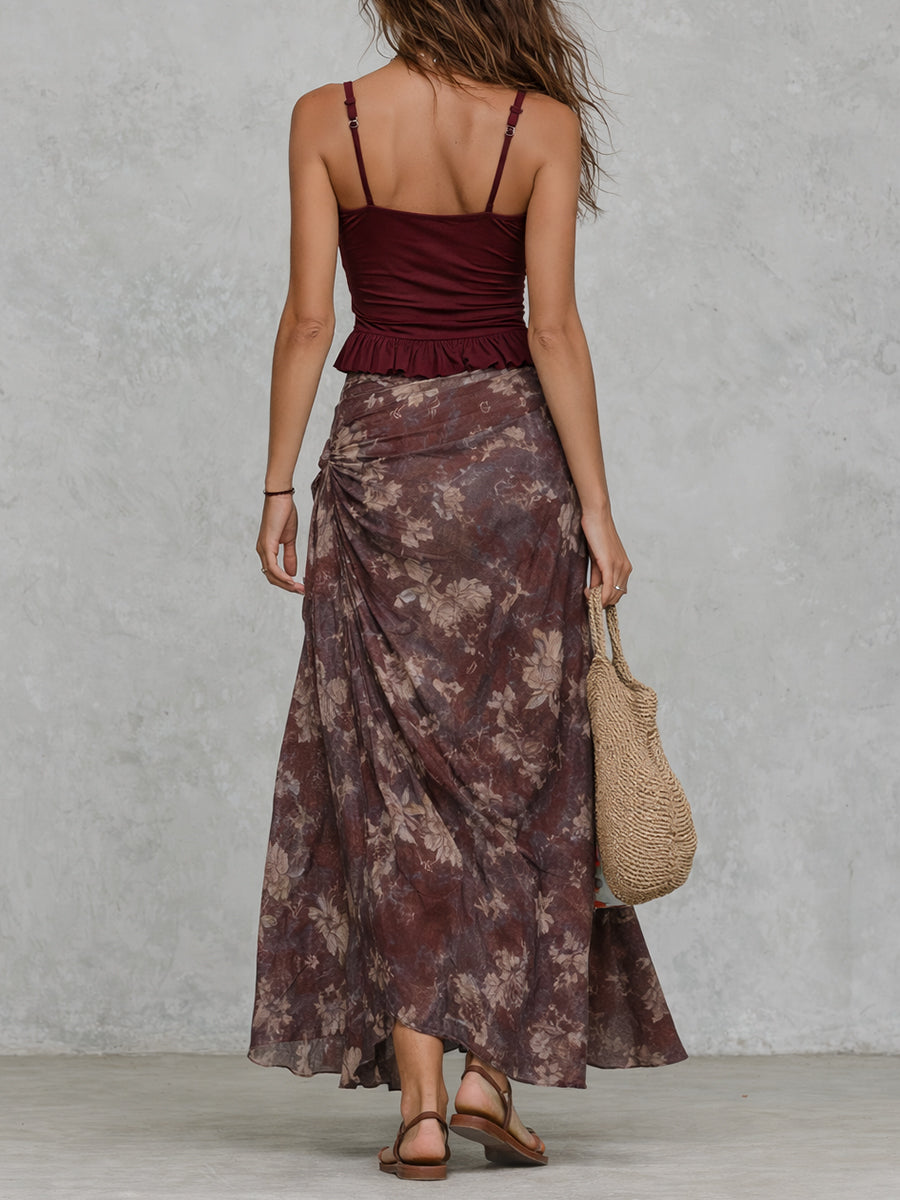 Boho Ruffled Vest & Oil-Painting Floral High-Slit Skirt Set