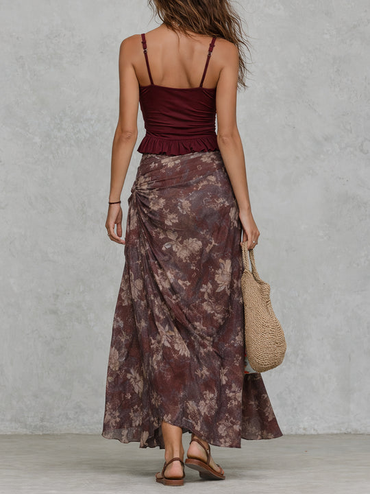 Boho Ruffled Vest & Oil-Painting Floral High-Slit Skirt Set
