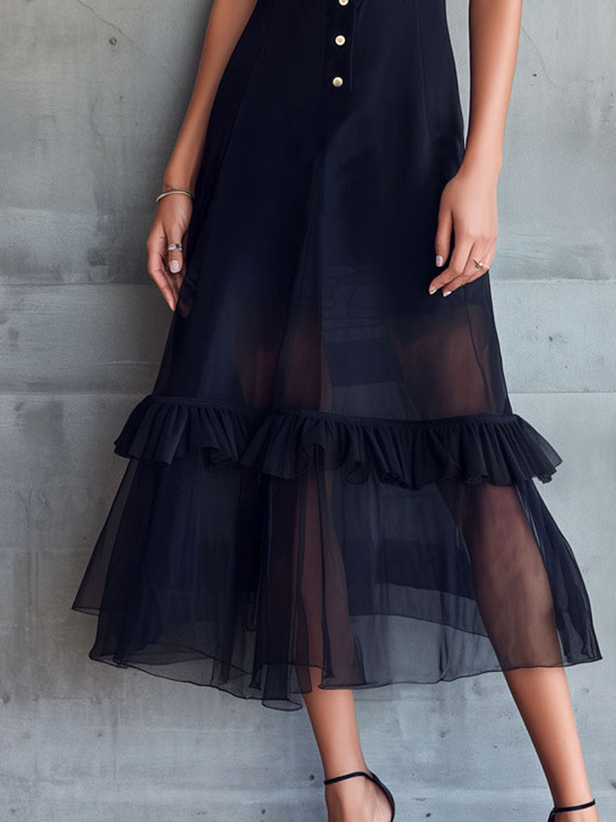 Elegant Sheer Black Chiffon Ruffle-Trim Midi Dress