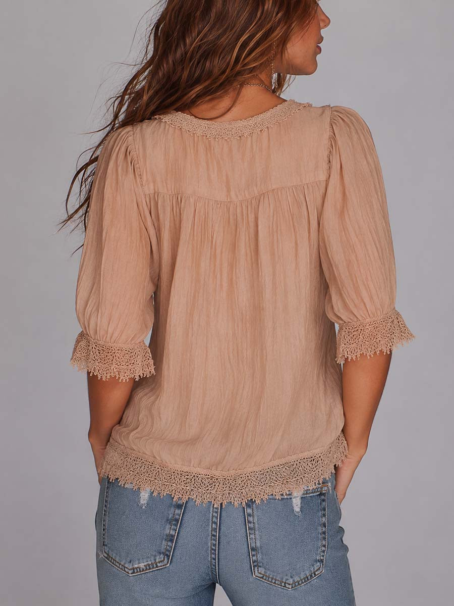 Boho Lace Trim Tencel-linen Puff Short Sleeve Peplum Blouse