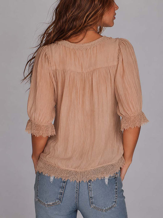 Boho Lace Trim Tencel-linen Puff Short Sleeve Peplum Blouse