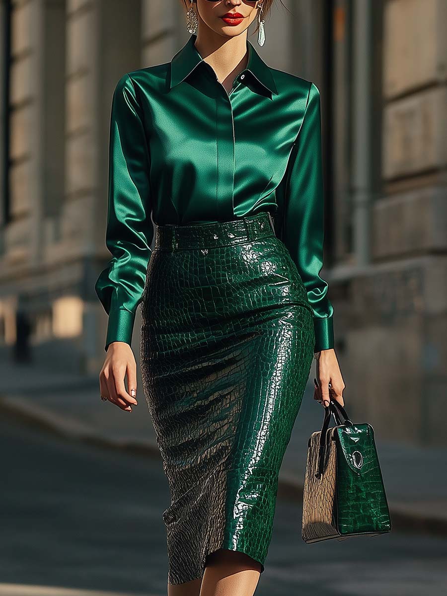 Emerald Croc-Effect Leather High-Rise Skirt