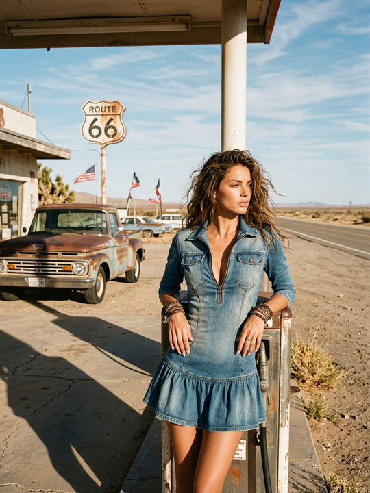 Boho Western Faded Denim Half Zip Ruffle Hem Mini Shirt Dress