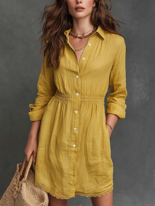 Bohemian Casual Button-Front Cotton Shirt Dress With Lace Trim