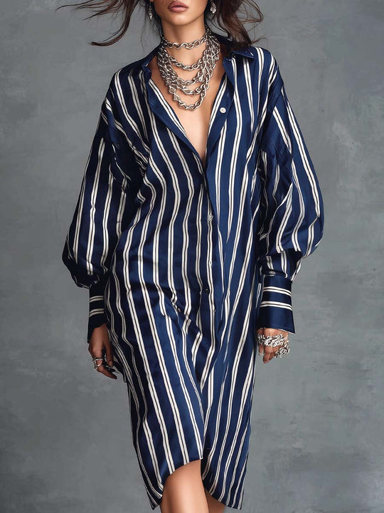 Elegant Striped Button-Up Midi Shirt Dress