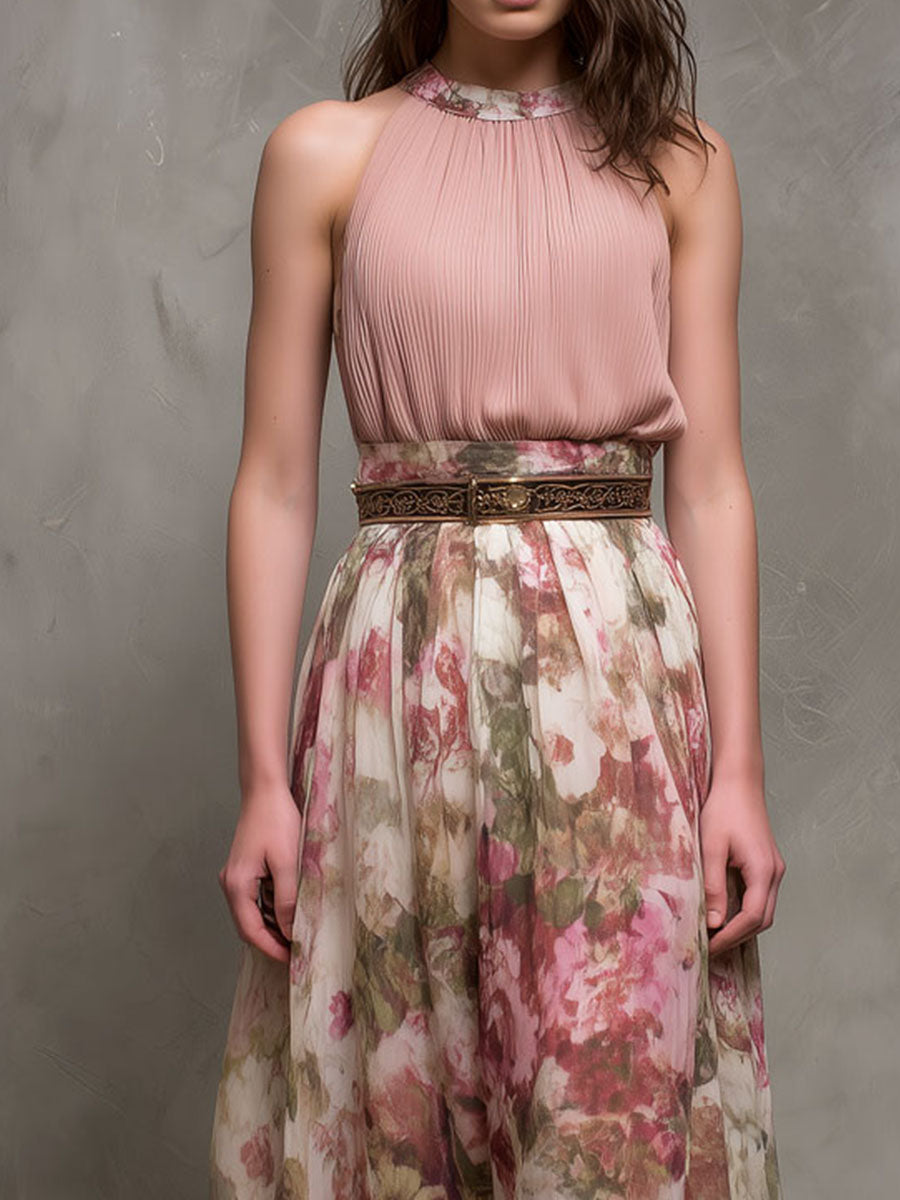 Elegant Blush Pleated Floral Print Halter Maxi Dress