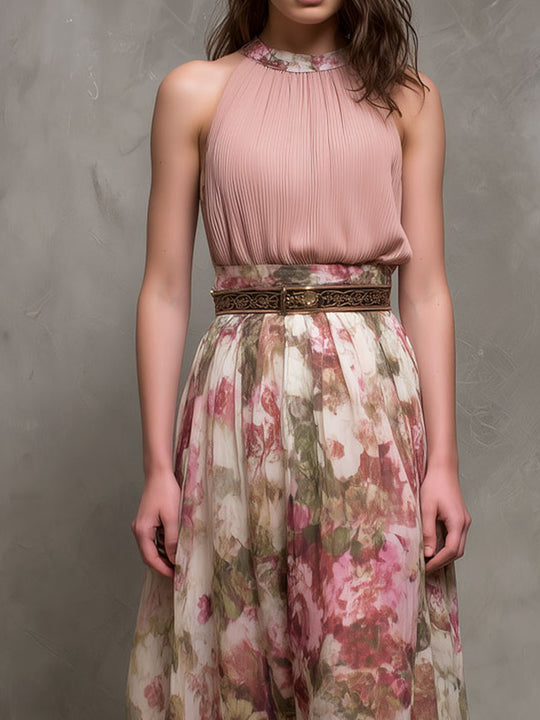 Elegant Blush Pleated Floral Print Halter Maxi Dress