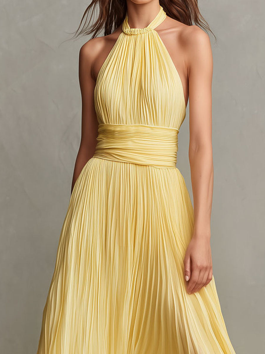 Boho Sunshine Yellow Pleated  Cinched Waist Halter Maxi Dress