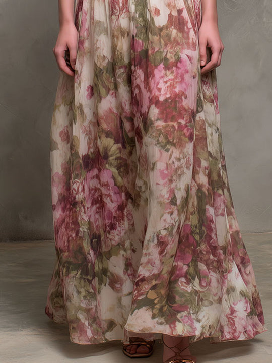 Elegant Blush Pleated Floral Print Halter Maxi Dress