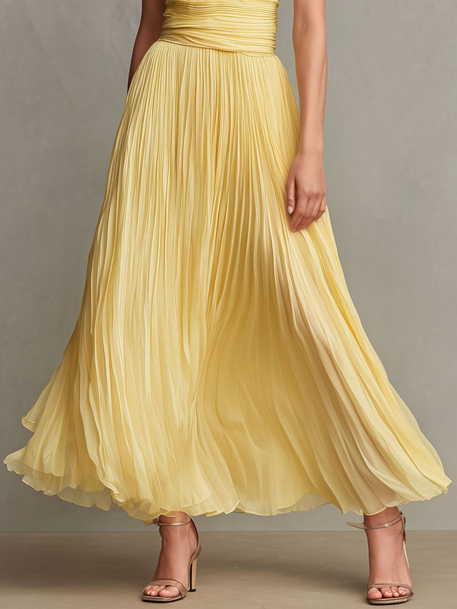 Boho Sunshine Yellow Pleated  Cinched Waist Halter Maxi Dress