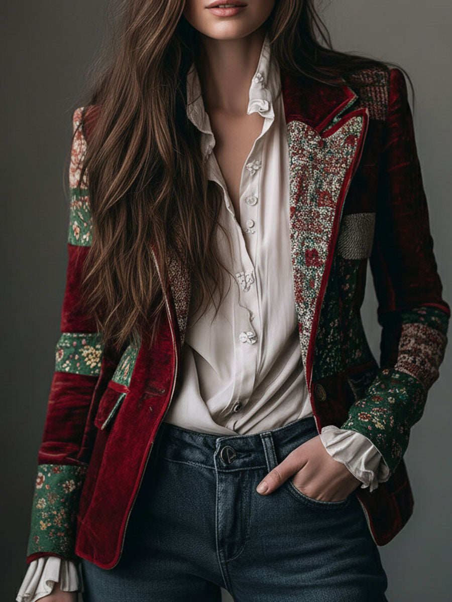 Vintage Bohemian Velvet Patchwork Print Blazer
