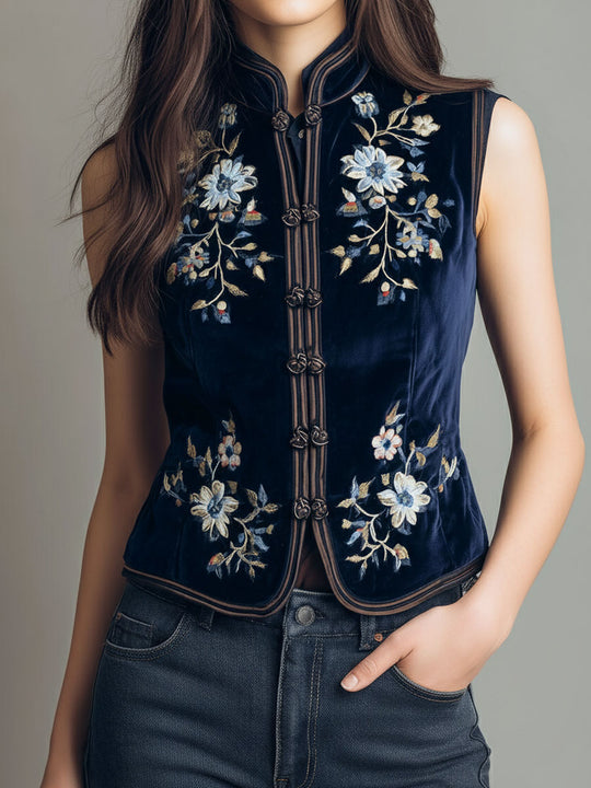 Boho Mandarin Collar Navy Velvet Embroidered Vest