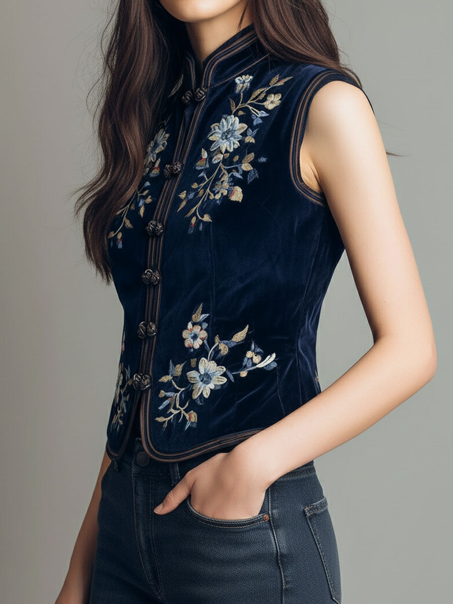 Boho Mandarin Collar Navy Velvet Embroidered Vest