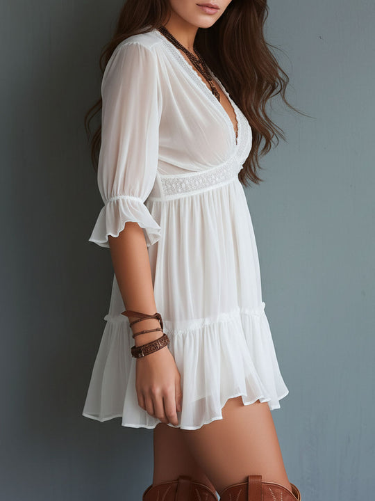Boho White Lace-Trim Three Quater Sleeves Mini Dress