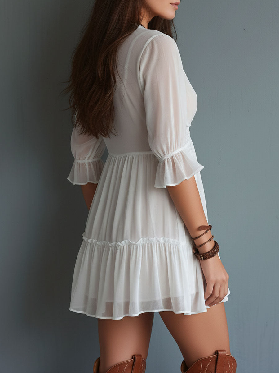 Boho White Lace-Trim Three Quater Sleeves Mini Dress