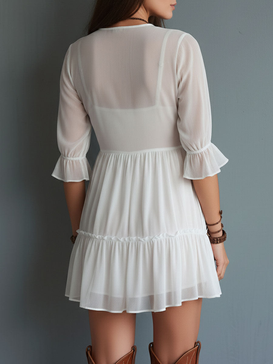 Boho White Lace-Trim Three Quater Sleeves Mini Dress