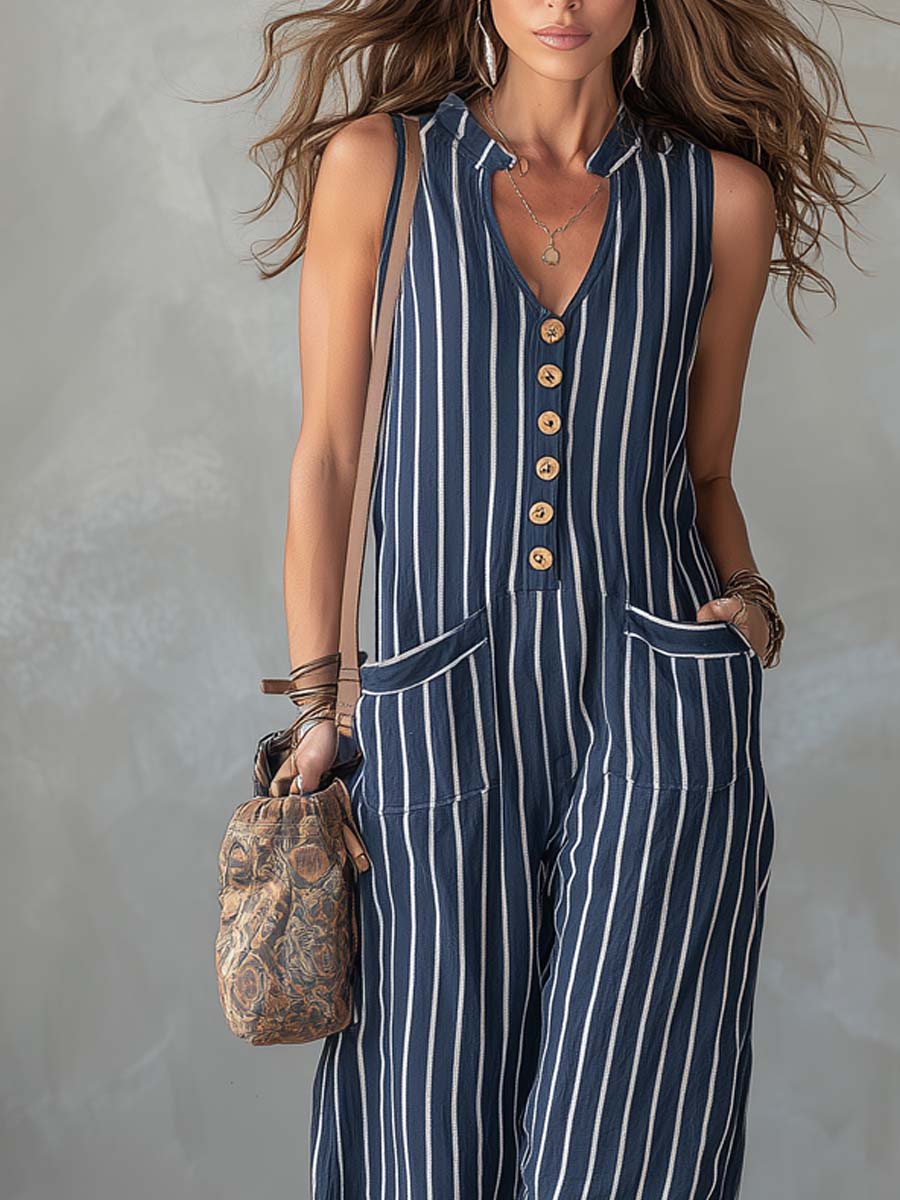 Retro Striped Cotton And Linen Jumpsuit