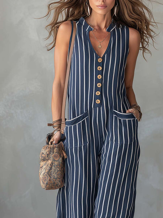 Retro Striped Cotton And Linen Jumpsuit
