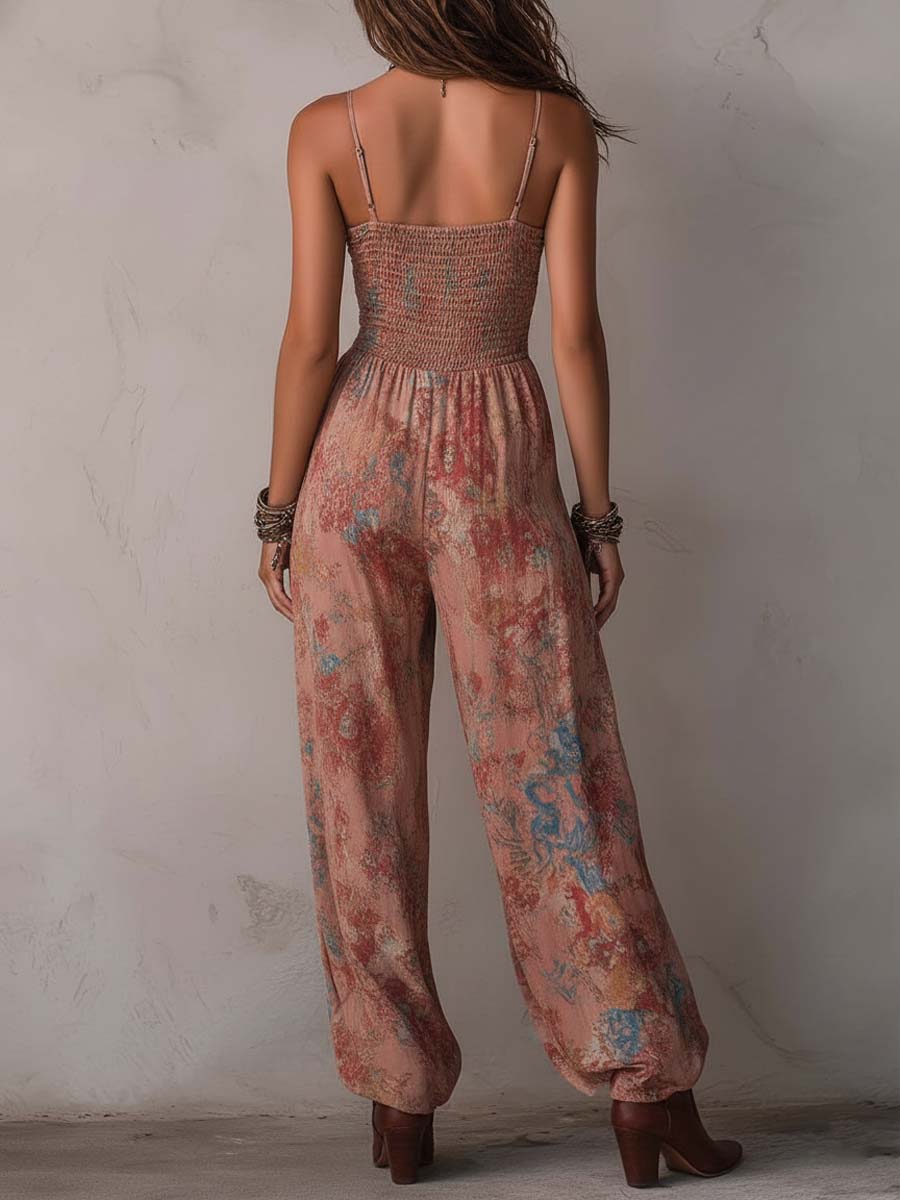Vintage Floral Ruched Spaghetti Strap Wide-Leg Jumpsuit