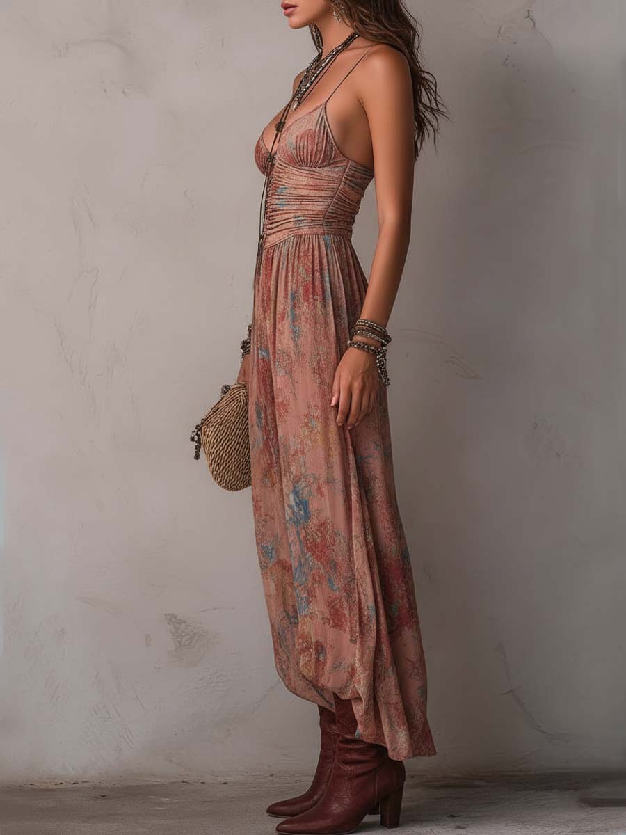 Vintage Floral Ruched Spaghetti Strap Wide-Leg Jumpsuit