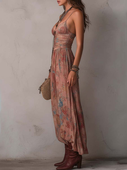 Vintage Floral Ruched Spaghetti Strap Wide-Leg Jumpsuit