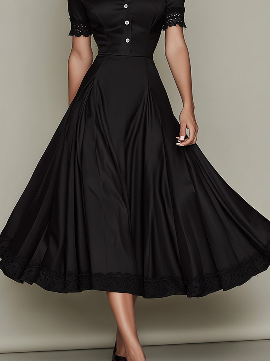 Elegant Satin Shirt Collar Midi Dress With Lace