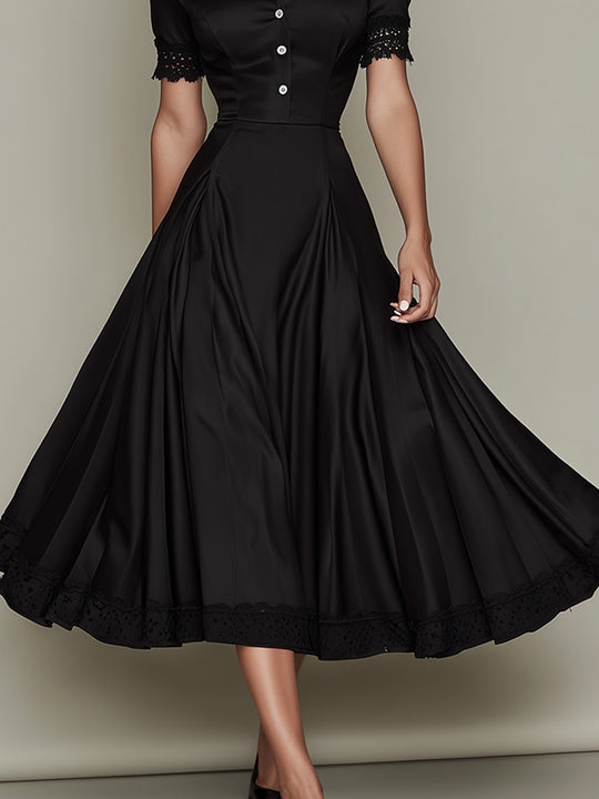Elegant Satin Shirt Collar Midi Dress With Lace