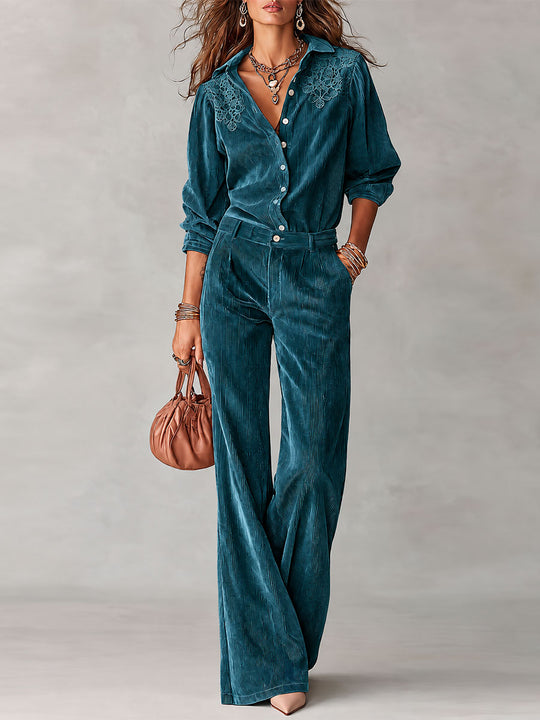 Boho Corduroy Lace-Trim Shirt & Wide-Leg Pants Set