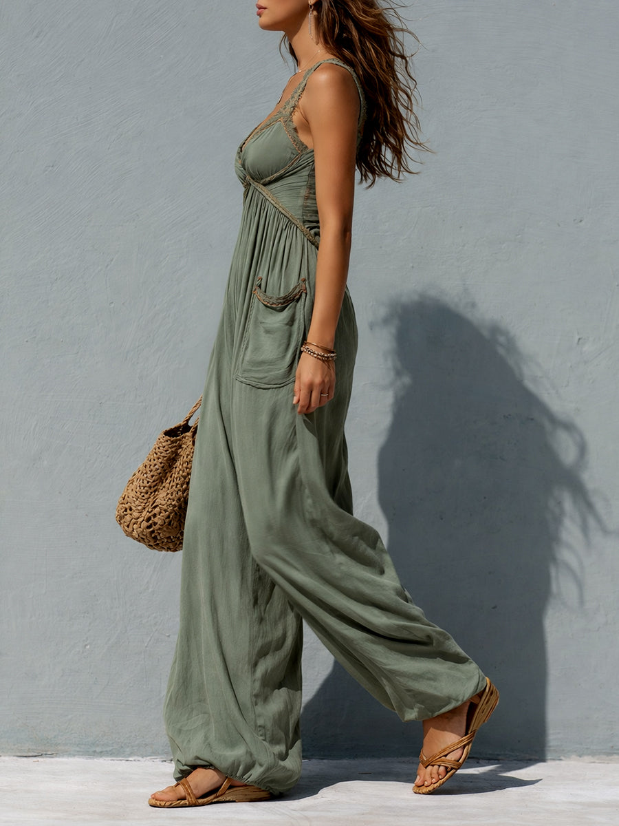 Boho Lace-Trimmed Wide-Leg Jumpsuit With Patch Pockets