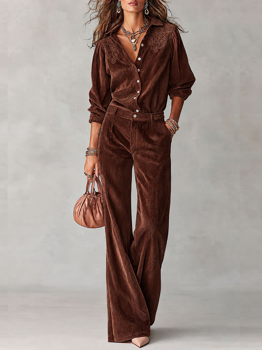 Boho Corduroy Lace-Trim Shirt & Wide-Leg Pants Set