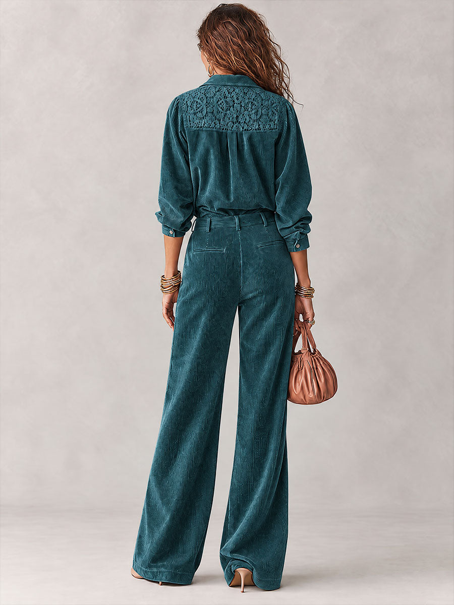 Boho Corduroy Lace-Trim Shirt & Wide-Leg Pants Set