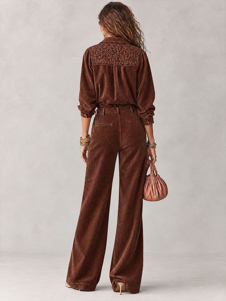 Boho Corduroy Lace-Trim Shirt & Wide-Leg Pants Set