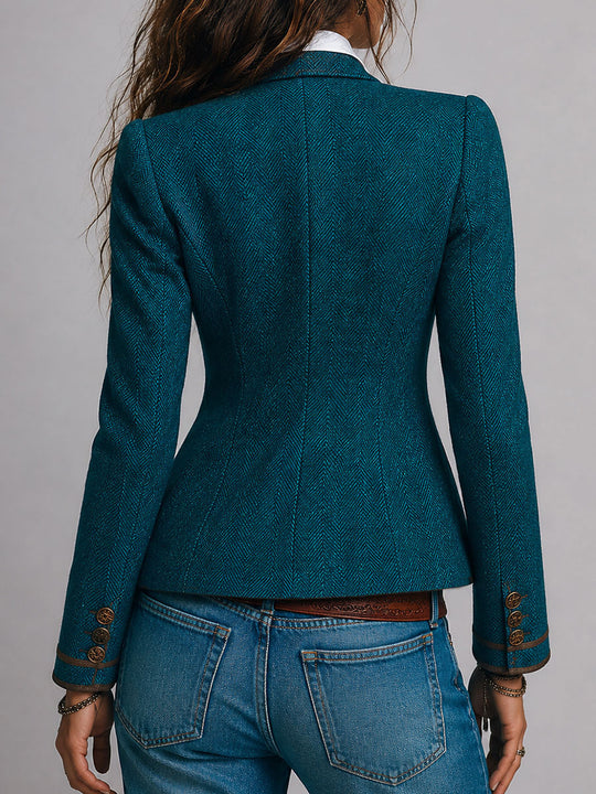 Retro Herringbone Tweed Fitted Blazer with Contrast Trim