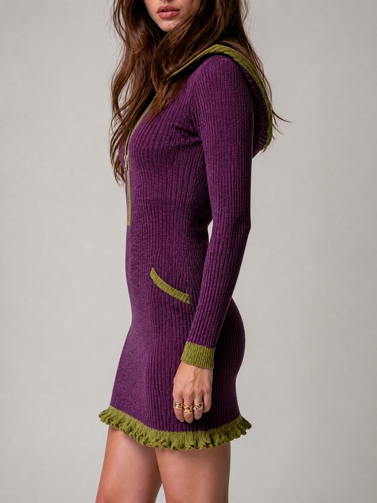 Contrast Trim Ribbed Knit Hooded Mini Dress