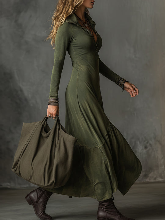 Bohemian Washed Cotton Half-zip Hem Slit Midi Dress