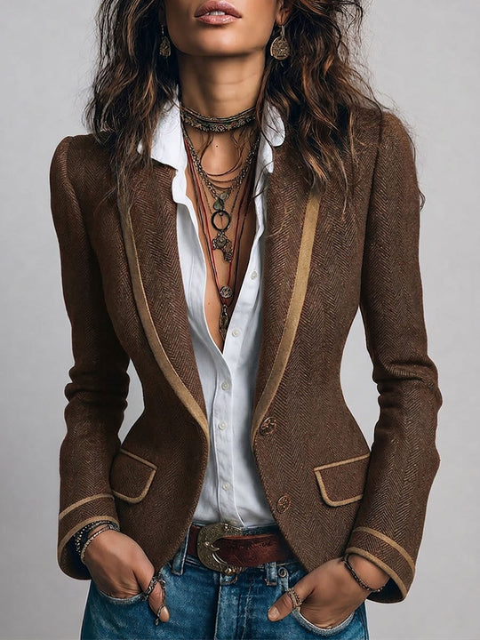 Retro Herringbone Tweed Fitted Blazer with Contrast Trim