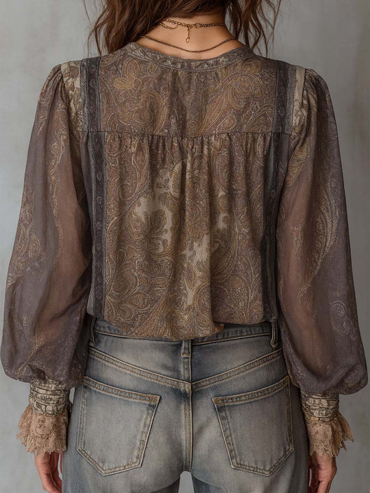 (clearance)Vintage Paisley Sheer Blouse With Lace Cuff Detailing